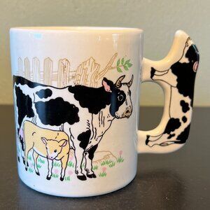 VINTAGE Holstein Cow & Calf Ceramic Mug w/ Unique Cow Shaped Handle ~ Dairy Farm